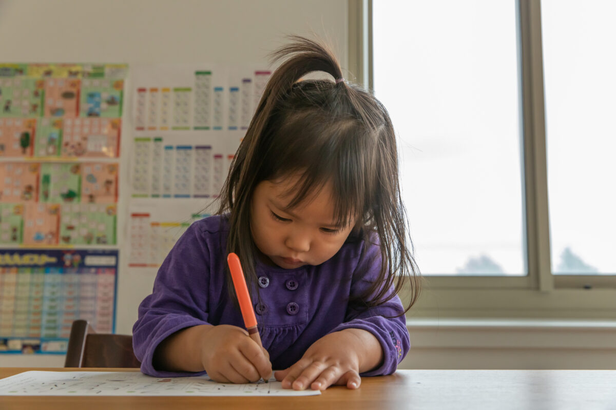 2歳の女の子がおすすめの教材を使って勉強している様子